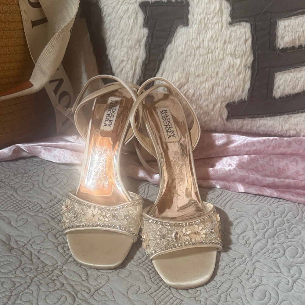 Badgley Mischka Ivory-Beige Beaded Open-Toe Heels